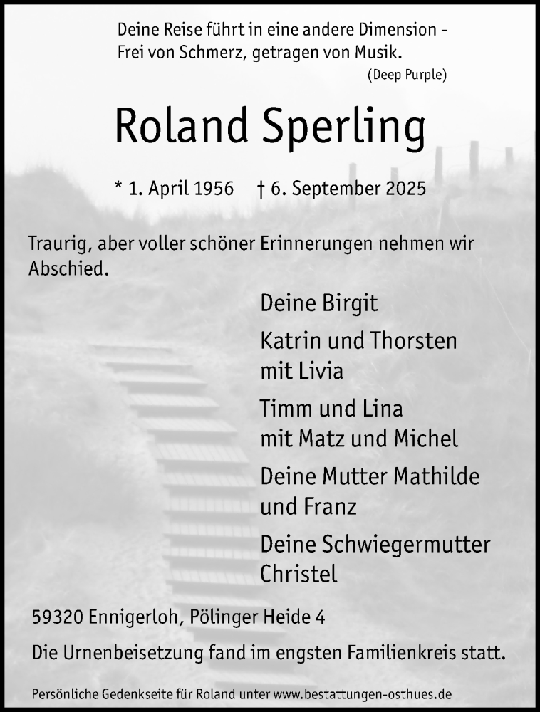  Traueranzeige für Roland Sperling vom 27.09.2025 aus 