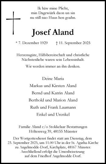 Anzeige von Josef Aland 