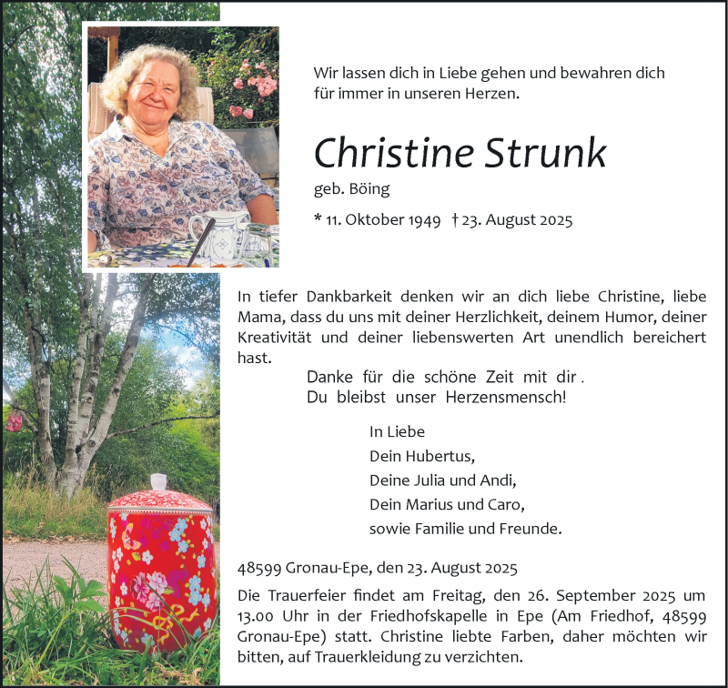  Traueranzeige für Christine Strunk vom 06.09.2025 aus 