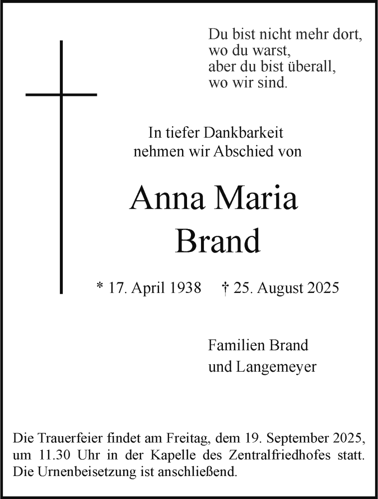  Traueranzeige für Anna Maria Brand vom 13.09.2025 aus 