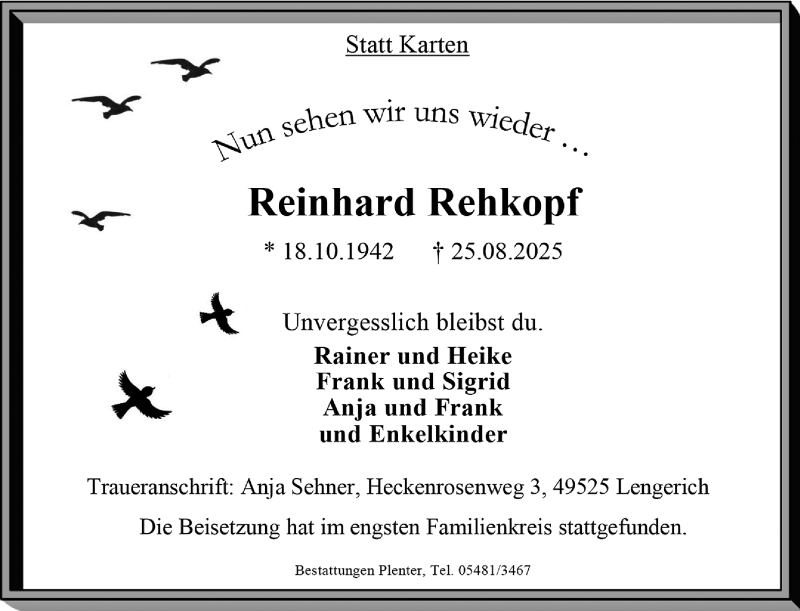  Traueranzeige für Reinhard Rehkopf vom 18.09.2025 aus 