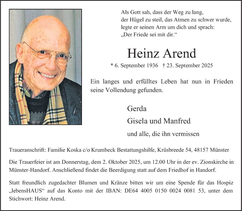  Traueranzeige für Heinz Arend vom 27.09.2025 aus 