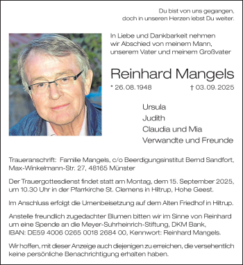 Anzeige von Reinhard Mangels 