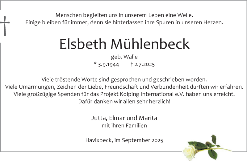  Traueranzeige für Elsbeth Mühlenbeck vom 06.09.2025 aus 