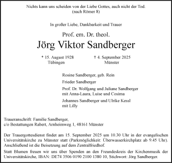 Anzeige von Prof. em. Dr. theol. Jörg Viktor Sandberger 