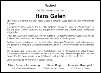 Anzeige von Hans Galen 