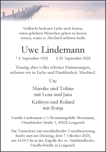 Anzeige von Uwe Lindemann 