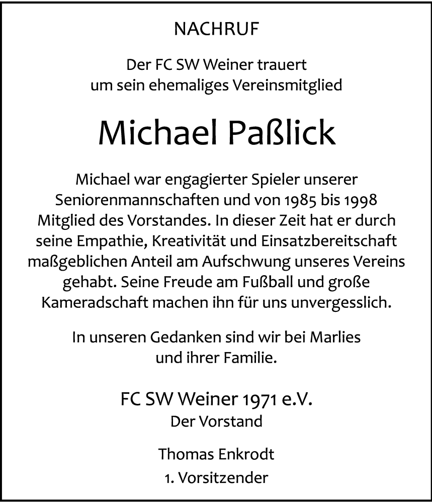  Traueranzeige für Michael Paßlick vom 16.09.2025 aus Westfälische Nachrichten