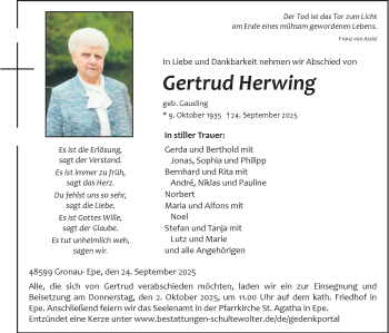 Anzeige von Gertrud Herwing 