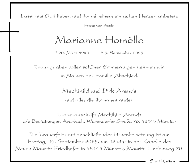  Traueranzeige für Marianne Homölle vom 13.09.2025 aus 