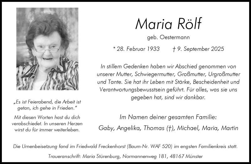  Traueranzeige für Maria Rölf vom 27.09.2025 aus 