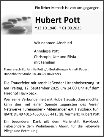 Anzeige von Hubert Pott 