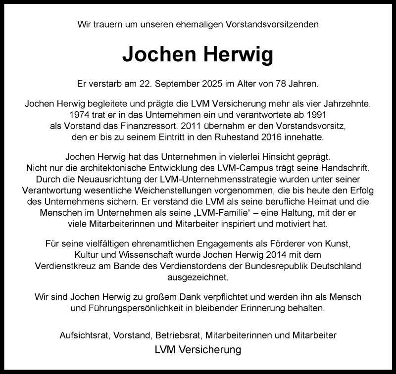  Traueranzeige für Jochen Herwig vom 27.09.2025 aus 