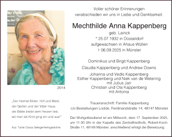 Anzeige von Mechthilde Anna Kappenberg 
