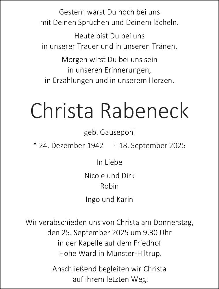  Traueranzeige für Christa Rabeneck vom 20.09.2025 aus 