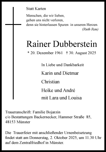 Anzeige von Rainer Dubberstein 