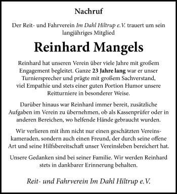Anzeige von Reinhard Mangels 