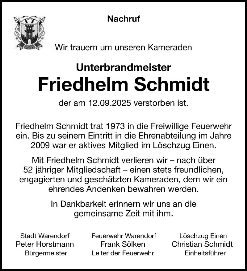  Traueranzeige für Friedhelm Schmidt vom 22.09.2025 aus 