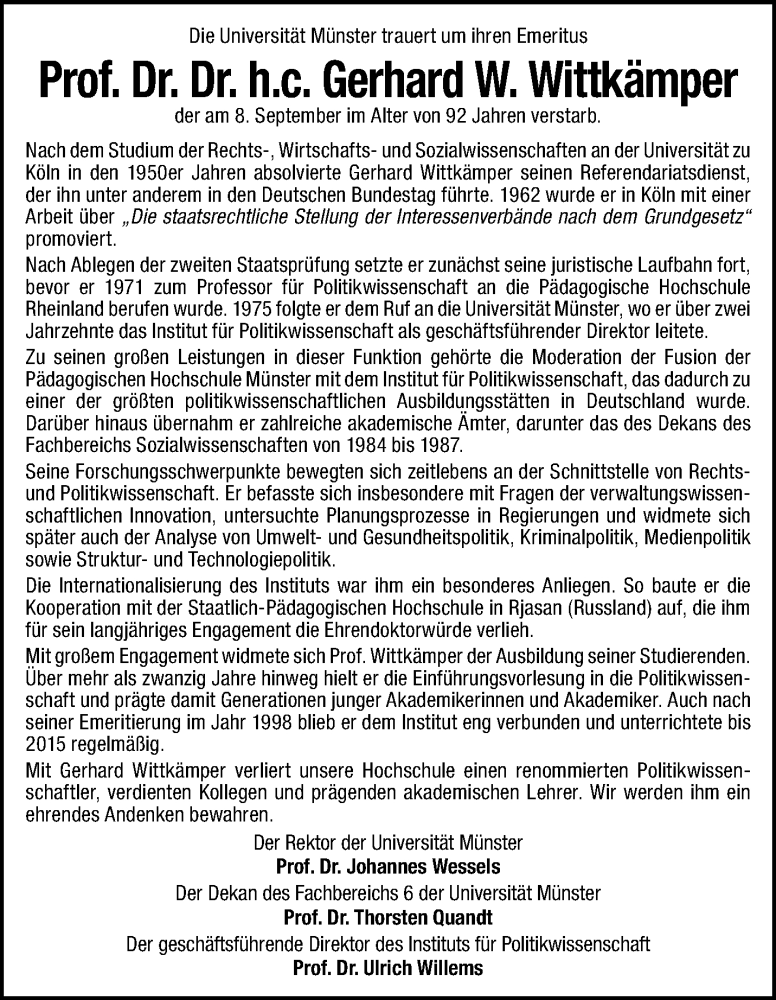  Traueranzeige für Prof. Dr. Dr. h.c. Gerhard W. Wittkämper vom 27.09.2025 aus 