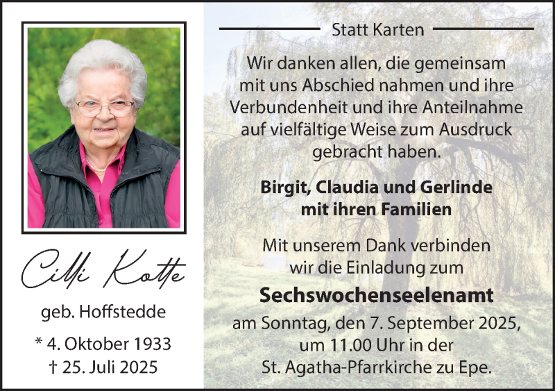  Traueranzeige für Cilli Katte vom 03.09.2025 aus 