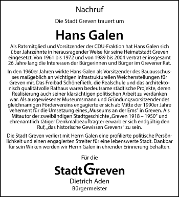 Anzeige von Hans Galen 