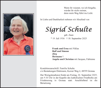 Anzeige von Sigrid Schulte 