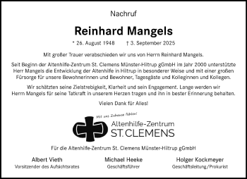 Anzeige von Reinhard Mangels 