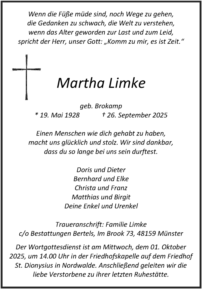  Traueranzeige für Martha  Limke (geb. Brokamp) vom 29.09.2025 aus 