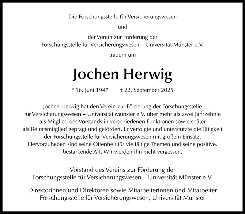  Traueranzeige für Jochen Herwig vom 27.09.2025 aus 