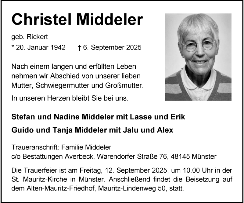  Traueranzeige für Christel Middeler vom 10.09.2025 aus 