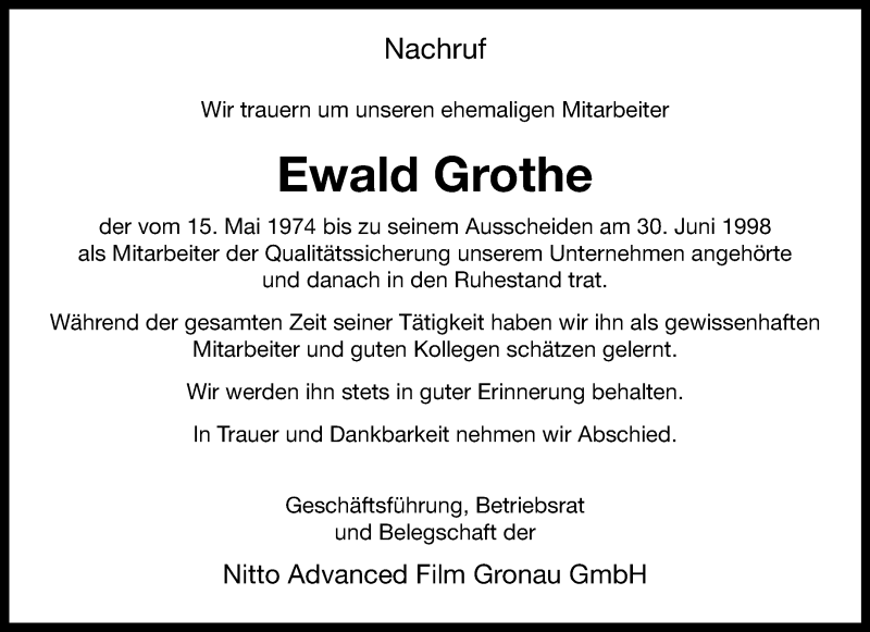  Traueranzeige für Ewald Grothe vom 10.09.2025 aus 