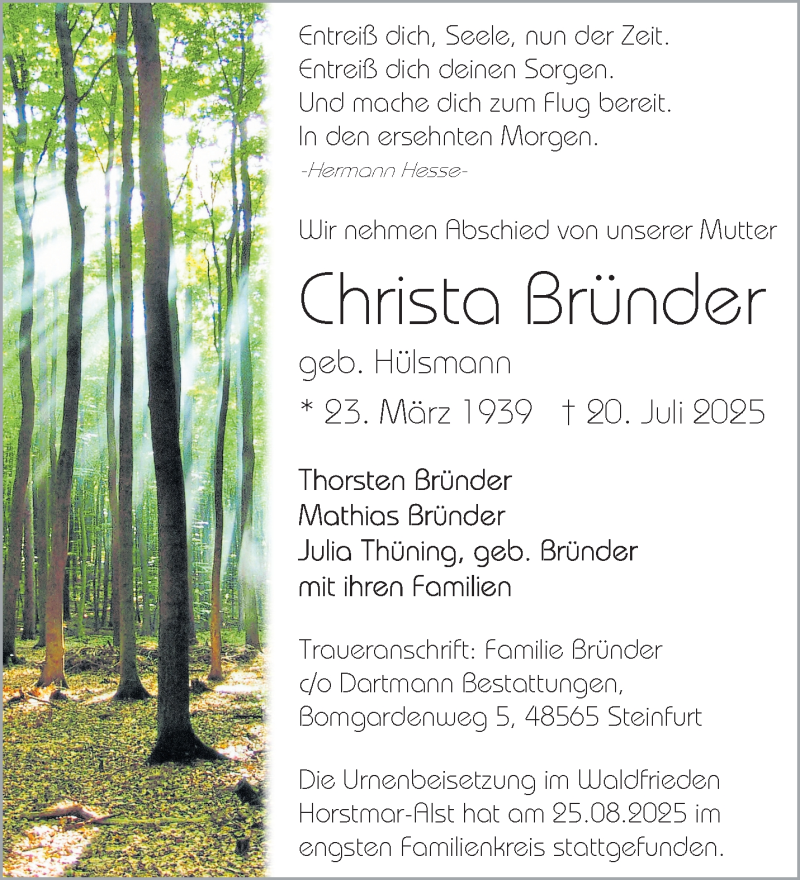  Traueranzeige für Christa Bründer vom 20.09.2025 aus 