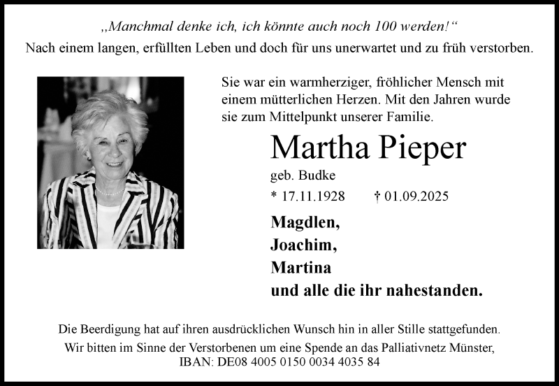  Traueranzeige für Martha Pieper vom 27.09.2025 aus 