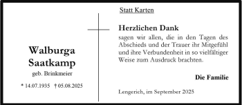 Anzeige von Walburga Saatkamp 