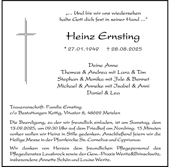 Anzeige von Heinz Ernsting 