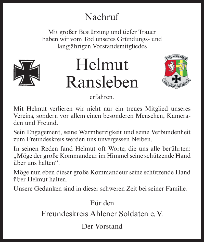  Traueranzeige für Helmut Ransleben vom 13.09.2025 aus 