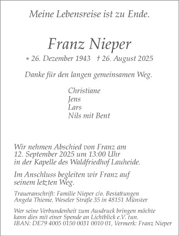 Anzeige von Franz Nieper 