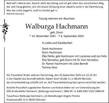 Anzeige von Walburga Hachmann 