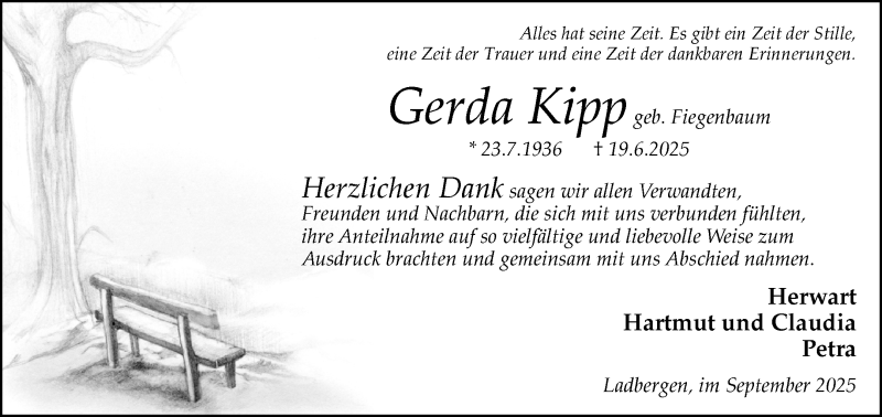  Traueranzeige für Gerda Kipp vom 13.09.2025 aus 