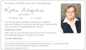 Anzeige von Käthe Altefrohne 