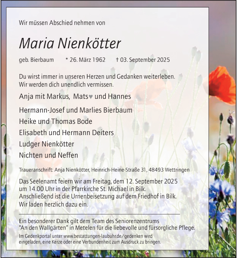  Traueranzeige für Maria Nienkötter vom 09.09.2025 aus 