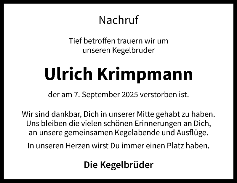 Traueranzeige für Ulrich Krimpmann vom 13.09.2025 aus 
