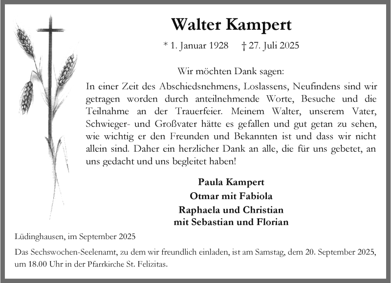  Traueranzeige für Walter Kampert vom 17.09.2025 aus 