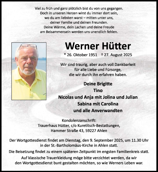 Anzeige von Werner Hütter von Westfälische Nachrichten