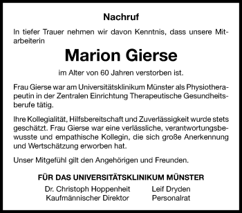 Anzeige von Marion Gierse 