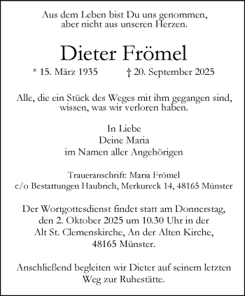 Anzeige von Dieter Frömel 