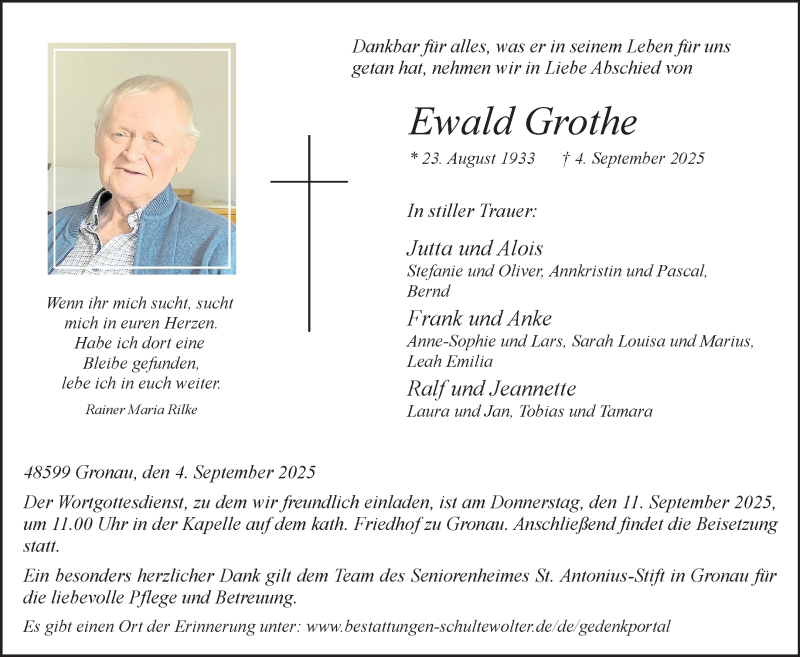  Traueranzeige für Ewald Grothe vom 08.09.2025 aus 