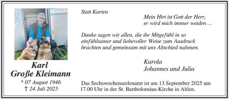  Traueranzeige für Karl Große Kleimann vom 06.09.2025 aus 