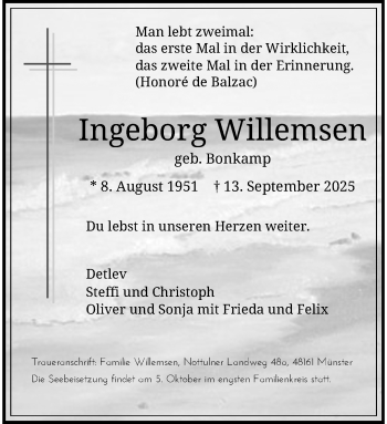 Anzeige von Ingeborg Willemsen 