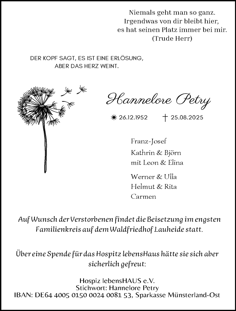  Traueranzeige für Hannelore Petry vom 06.09.2025 aus 